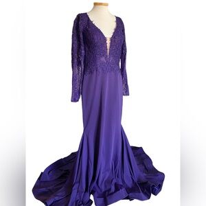 Mori Lee Madeline Gardner Gown Dress Sz 14 Purple Long Sleeve Sequins Lace Gala